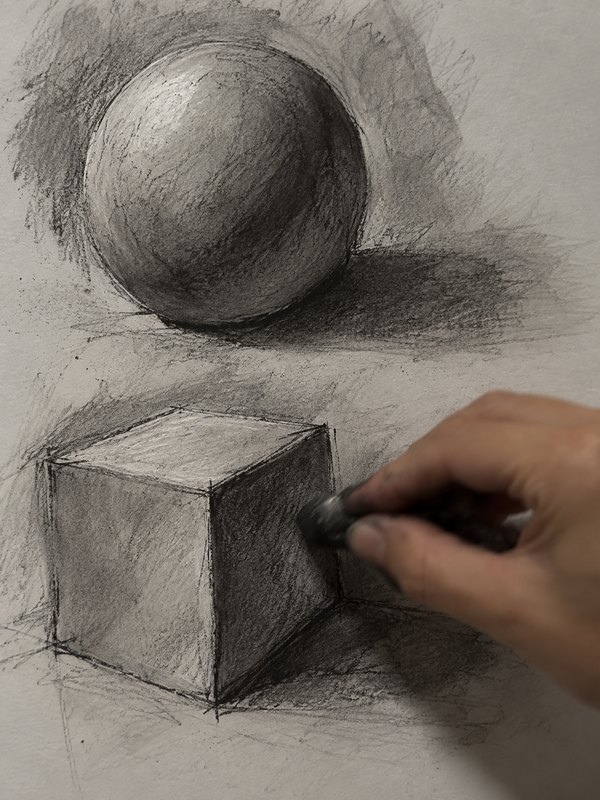 A hand shading a charcoal study of a sphere and a cube, basic volumes in light and shadow