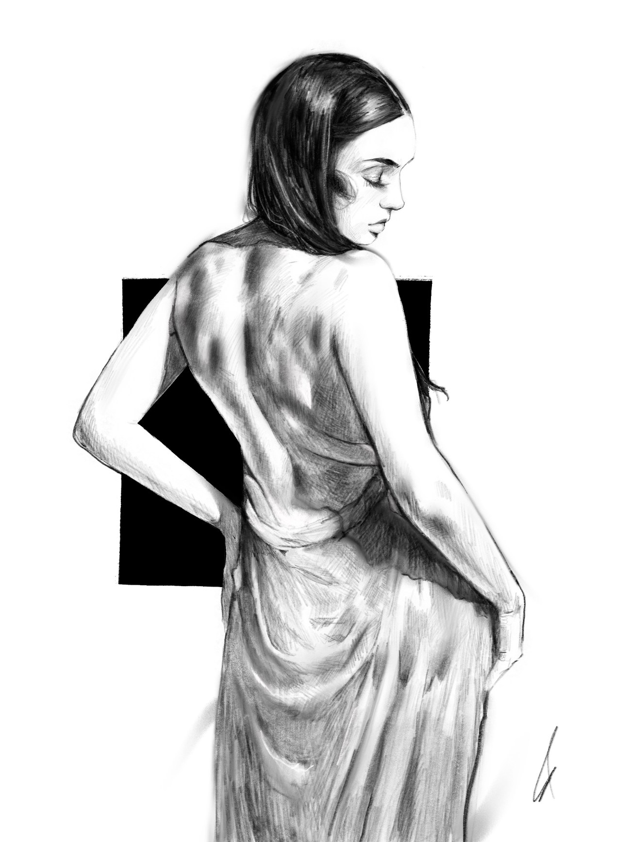 Digital pencil-style illustration of a woman seen from behind