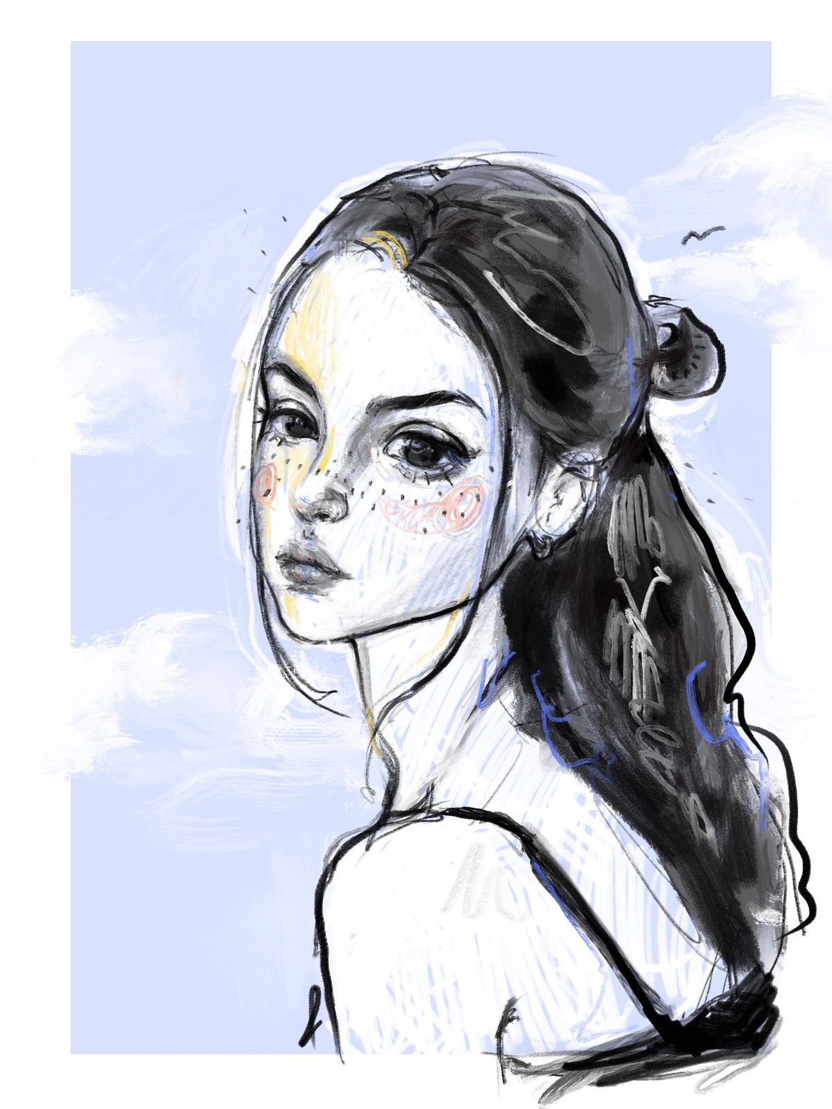 Close-up digital portrait of a woman looking over her shoulder, with a pale blue sky background