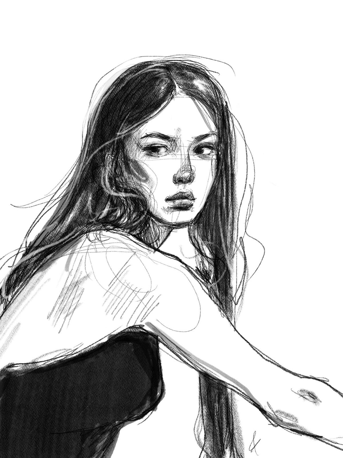 Digital pencil-style portrait of a woman resting her chin on her hand