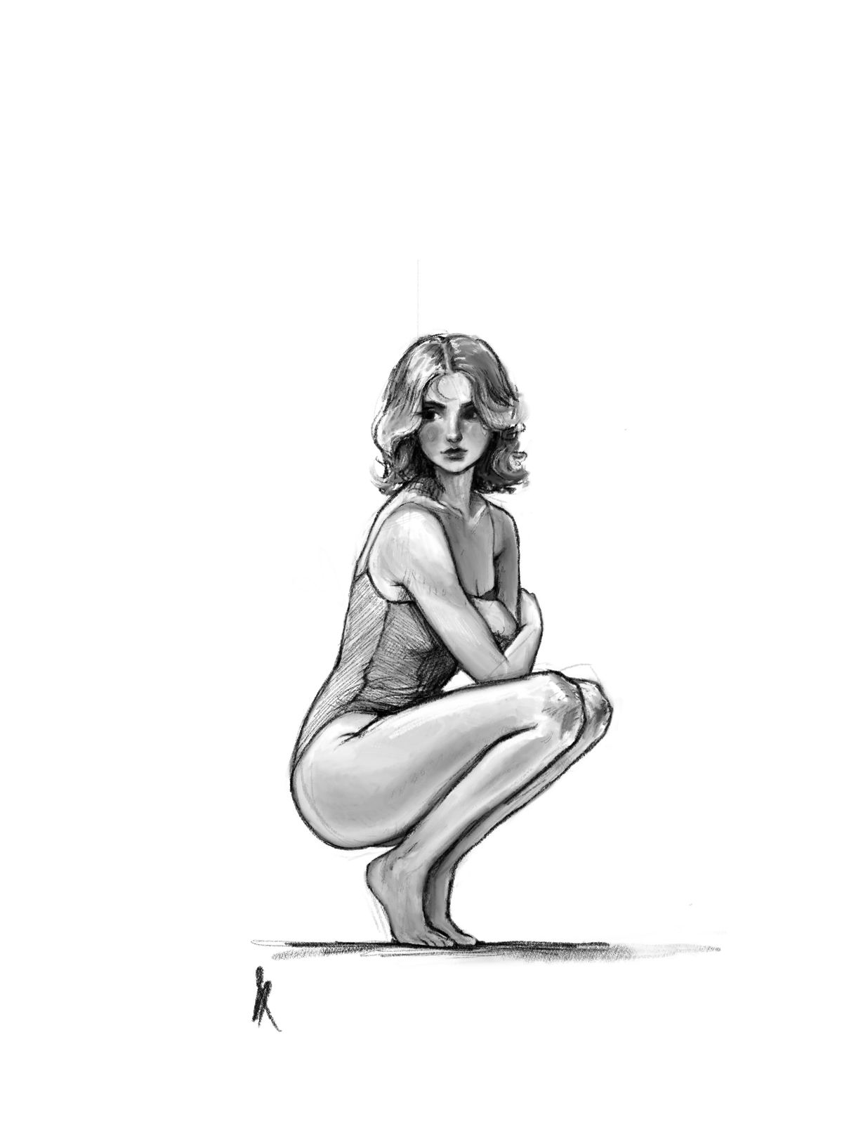 Digital pencil-style illustration of a woman crouching, arms crossed over her knee, looking back over her shoulder