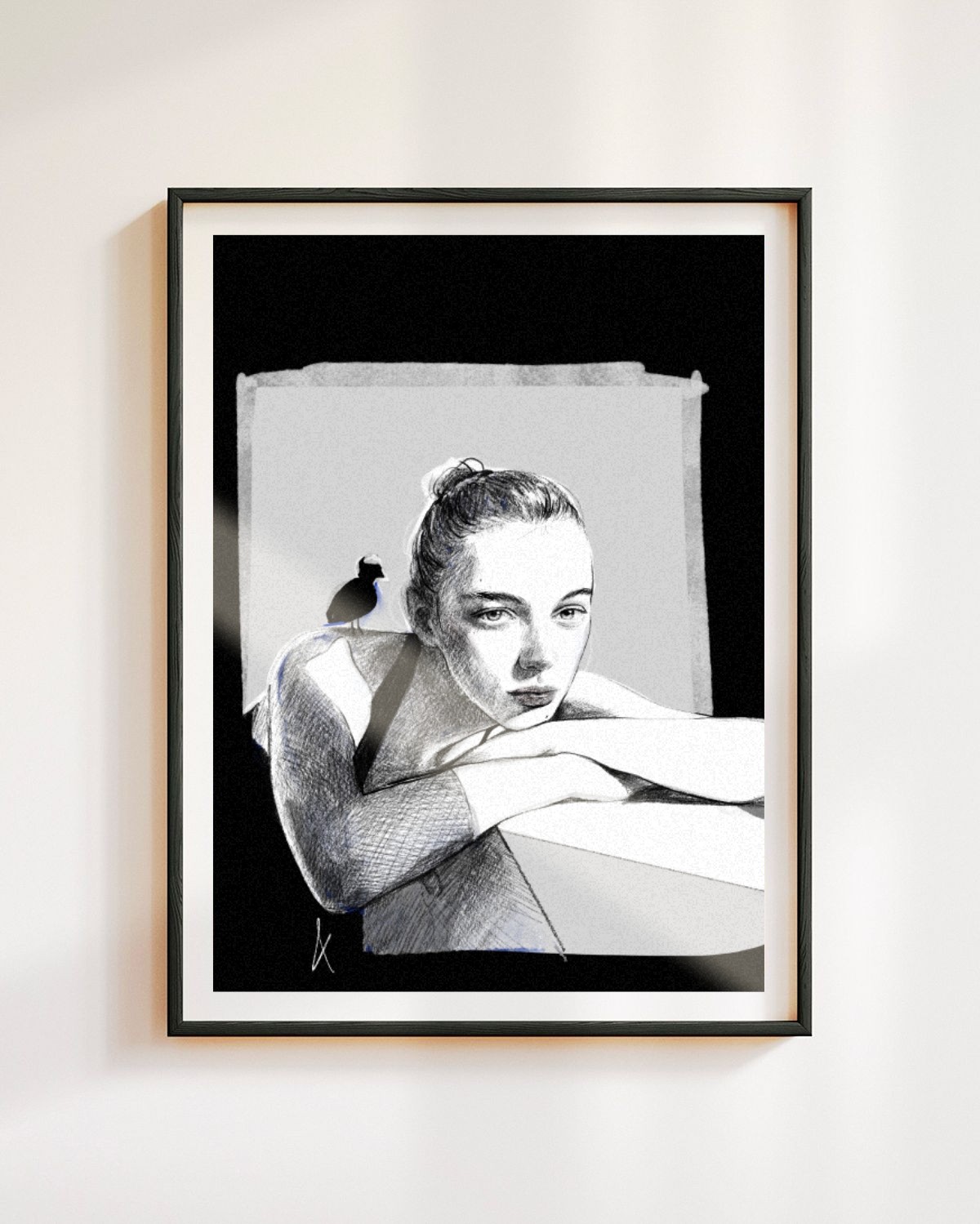 The woman-resting-her-head-on-her-arms digital drawing, printed and framed on a wall, installation view