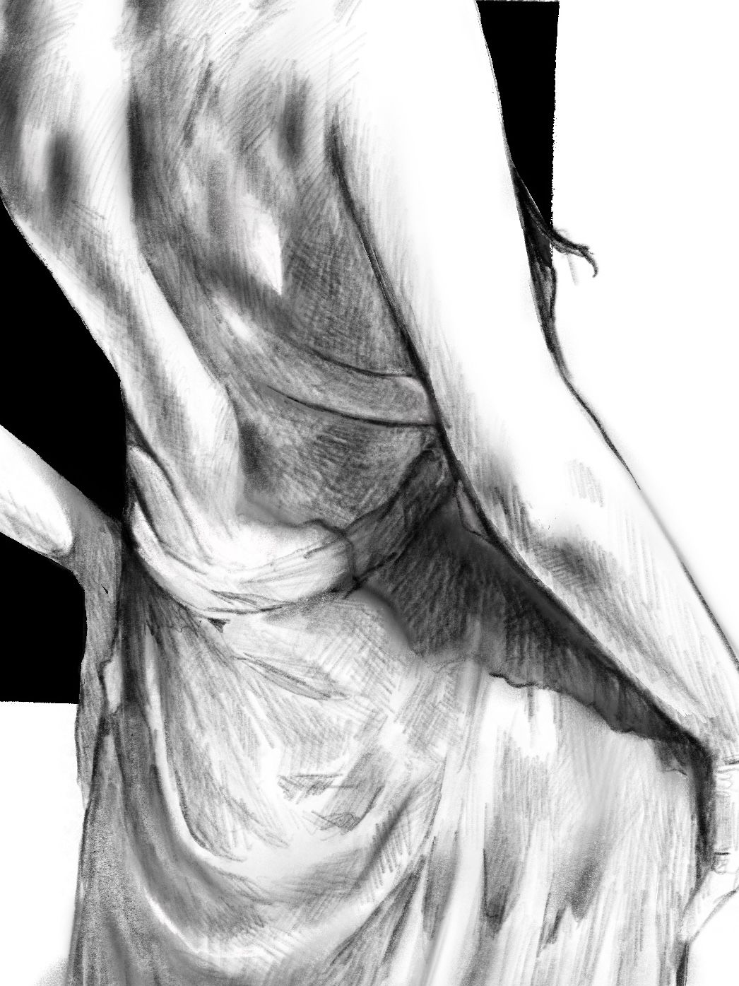Close-up digital drawing of a woman's back, focused on the curve of the spine and hip