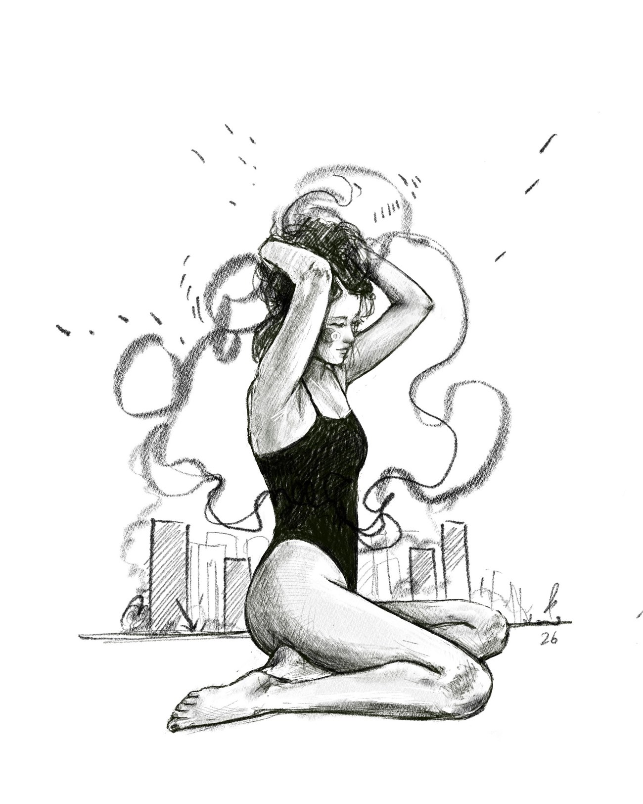 Open category: Digital Drawing — pencil-style digital sketch of a woman sitting, tying up her hair, with a smoking skyline behind her