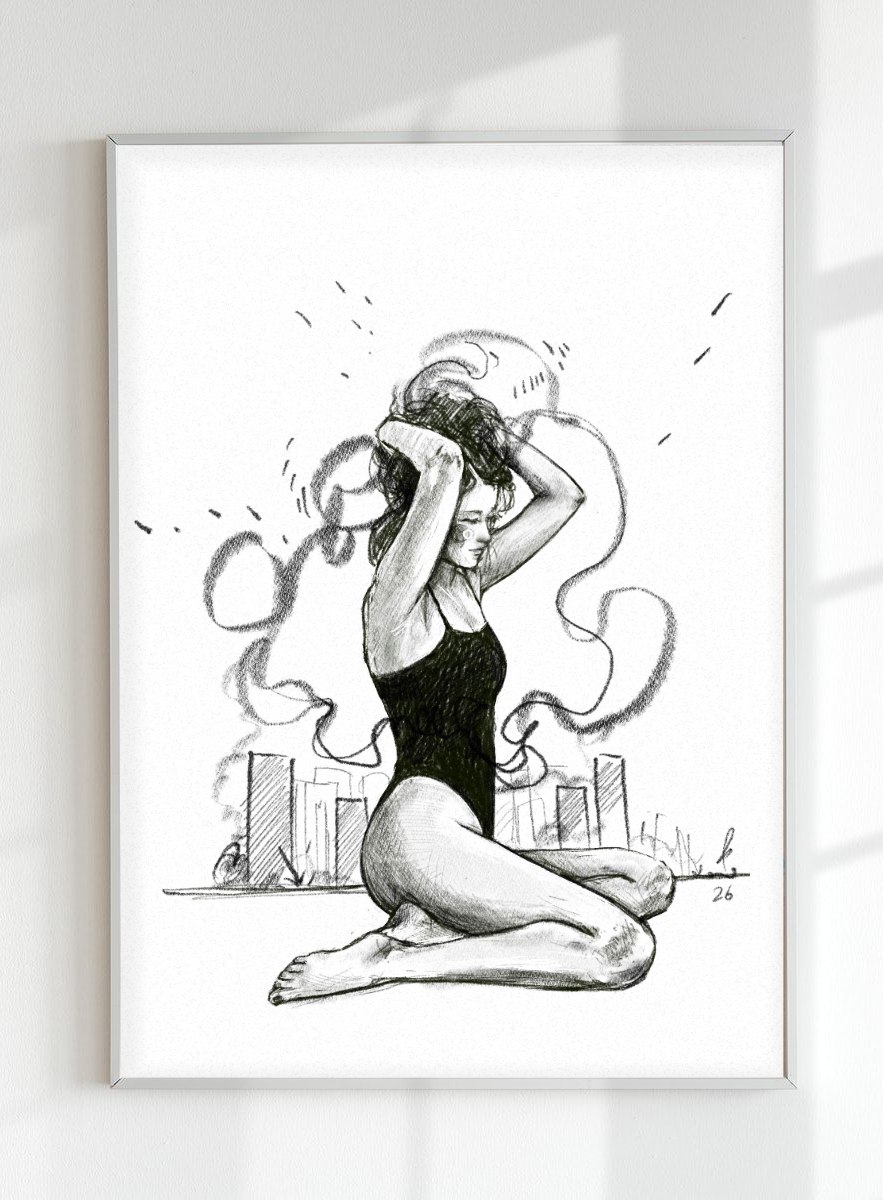 The woman-tying-up-her-hair digital drawing, printed and framed, mockup