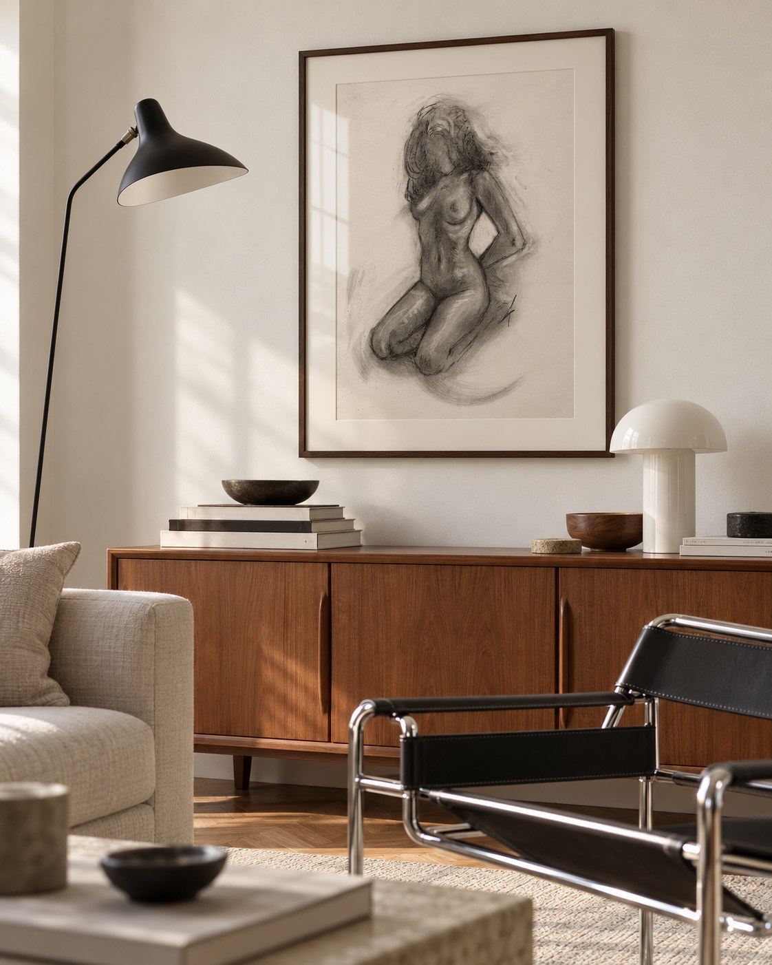 A charcoal drawing of a kneeling figure, framed and hung above a walnut sideboard in a sunlit living room, mockup