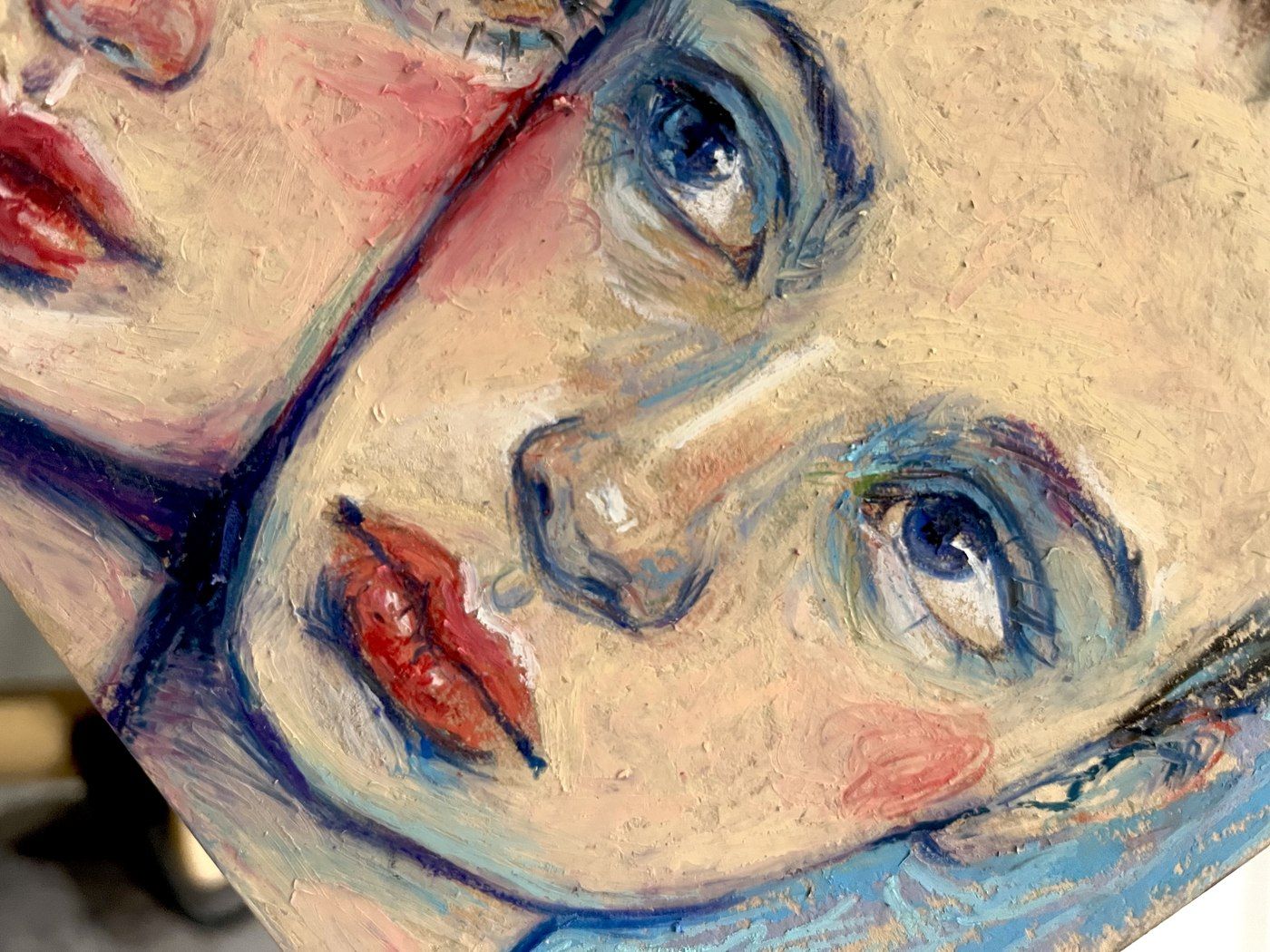Open category: Oil Pastel — oil pastel painting of two overlapping faces, close-up