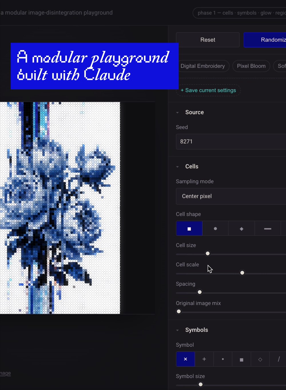 Open project: Building My Own Tools, a modular image-disintegration playground interface, dark UI with a blue floral pixel-embroidery effect