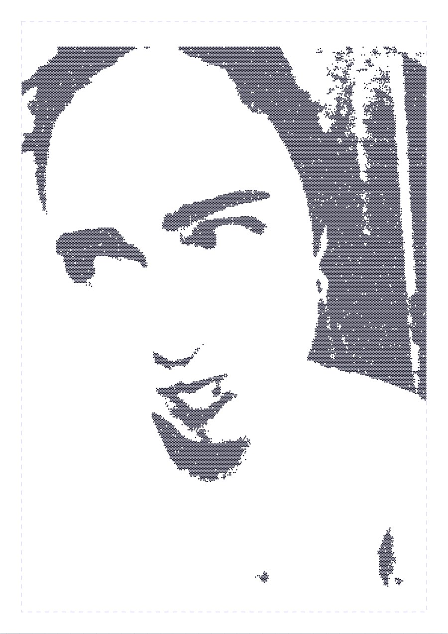 Stipple Studio preview in Xerox style, the portrait rebuilt from a dense grid of pen dots with photocopy grain