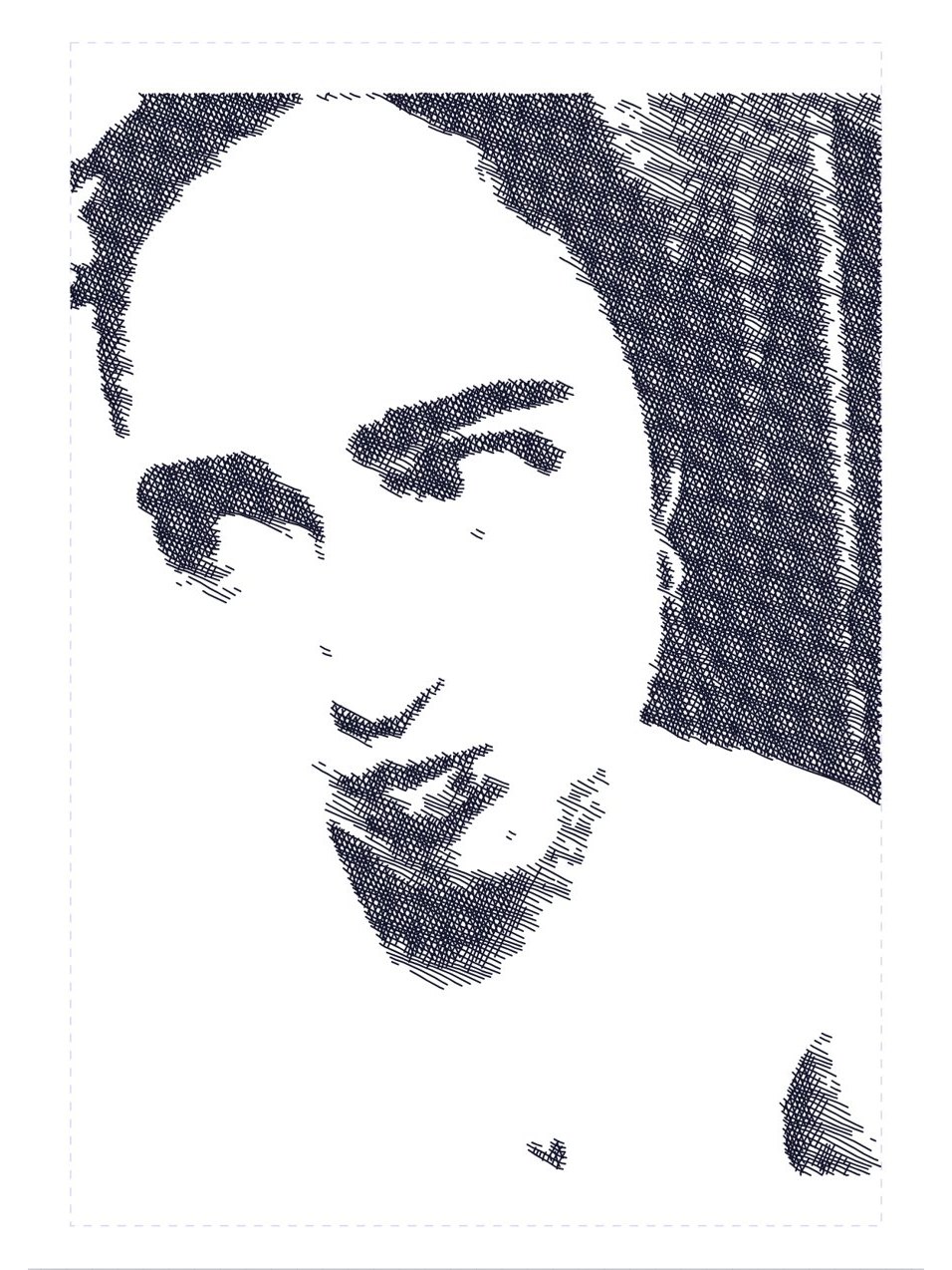 Stipple Studio preview in Etching style, the portrait built from layers of wavy cross-hatched lines