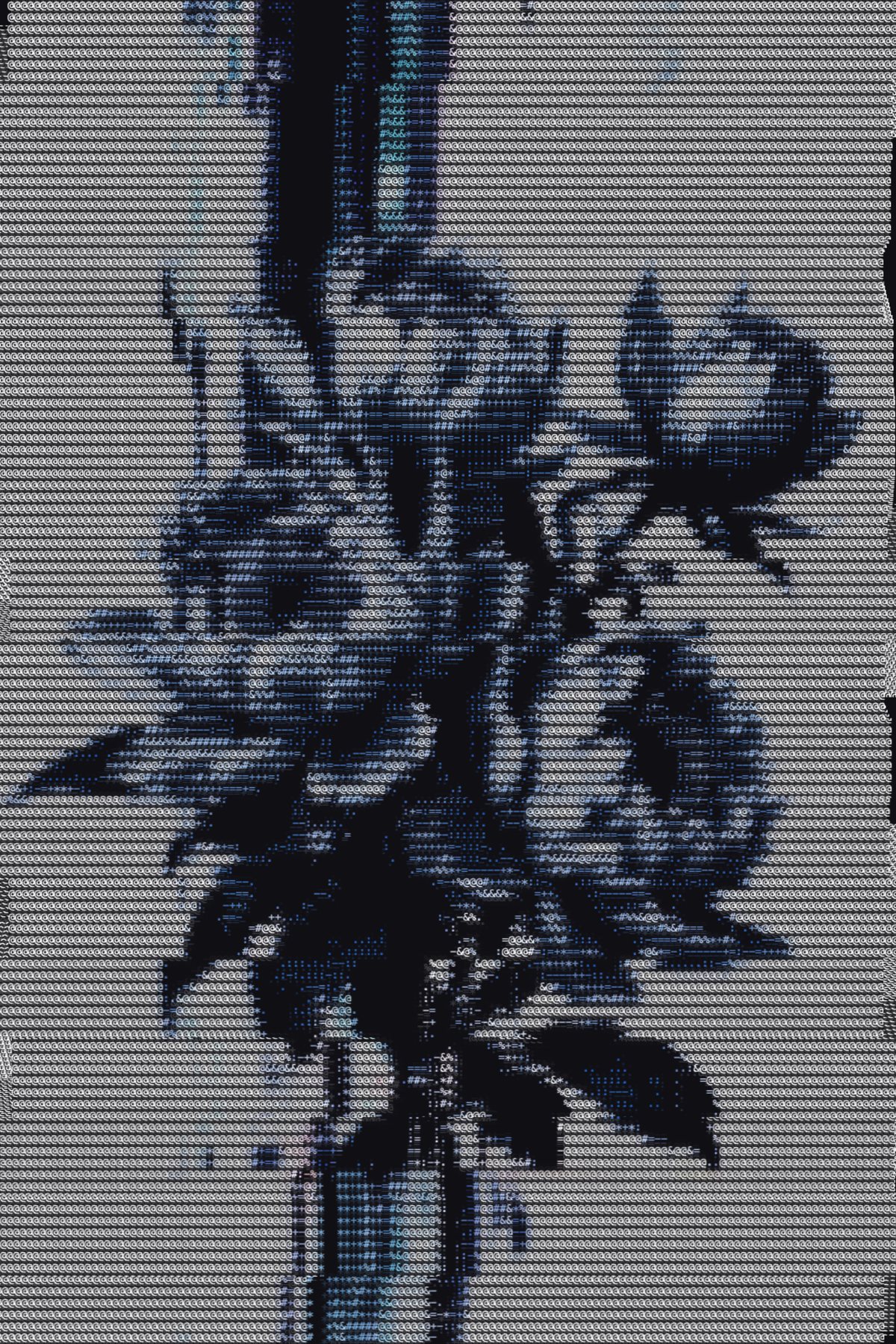 A blue floral image rebuilt from typed characters on a grid, like rows of cross-stitch: dense @ and # marks form the petals and stem over a pale stitched background