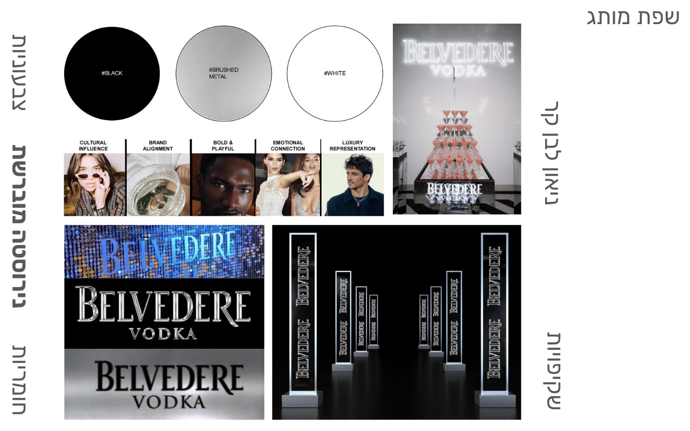 Belvedere brand board: black, brushed metal and white palette, brand values, materials and lighting references