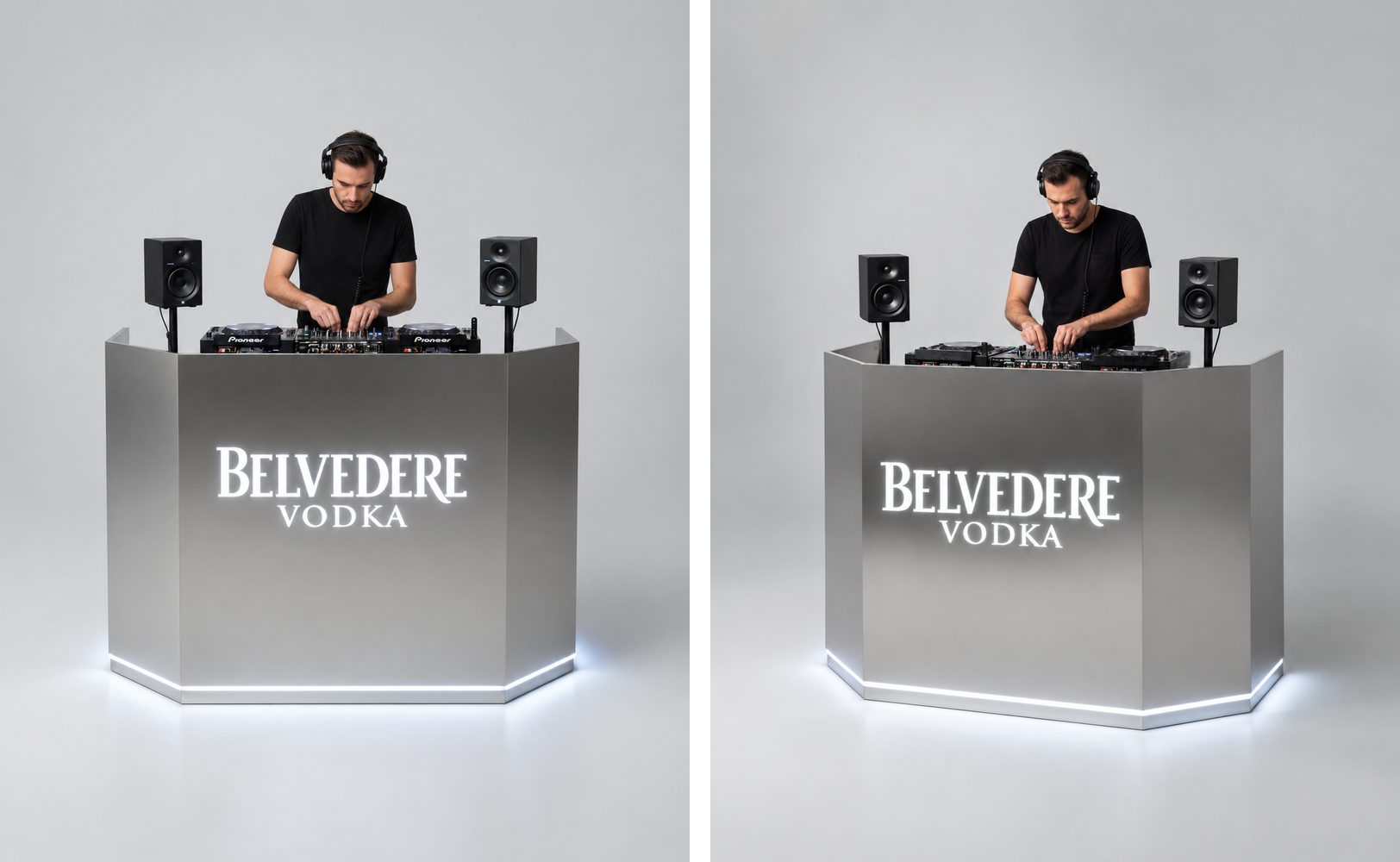 Direction A: an octagonal brushed-stainless DJ booth with a backlit Belvedere logo and a white LED strip at the base, seen from two angles