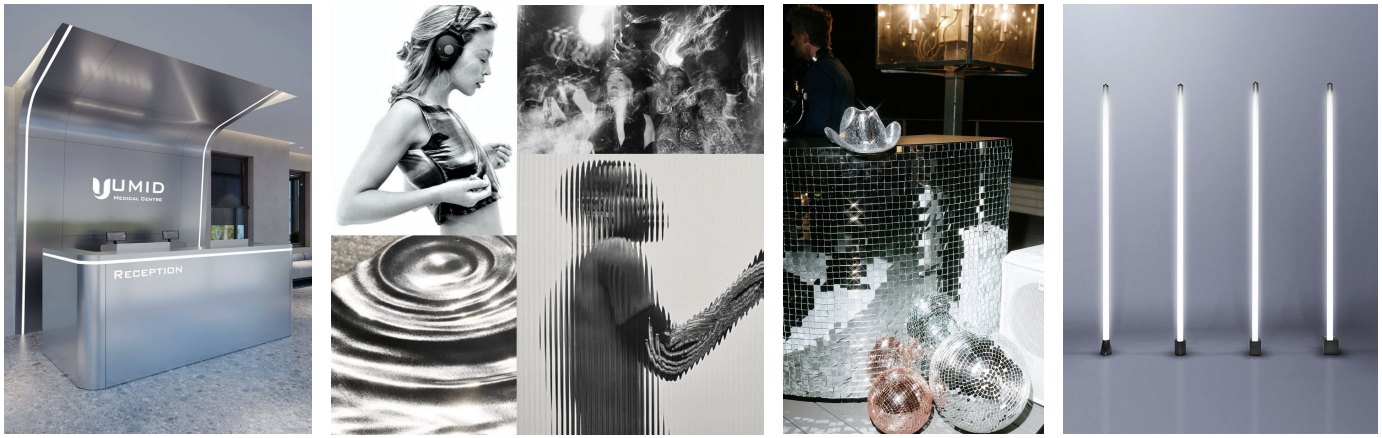 DJ booth look and feel: a brushed-metal reception desk with light lines, metallic black-and-white imagery, a mirror-tiled booth with disco balls, and standing light tubes