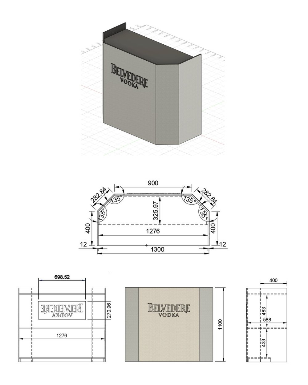 Production drawing of the Belvedere DJ booth: CAD model, dimensioned plan and elevations in millimetres