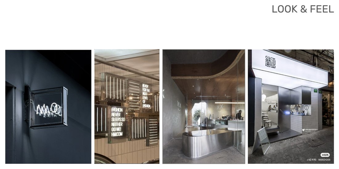 Look and feel references: a neon sign in a glass box, lit fashion displays, a brushed steel counter, a white storefront