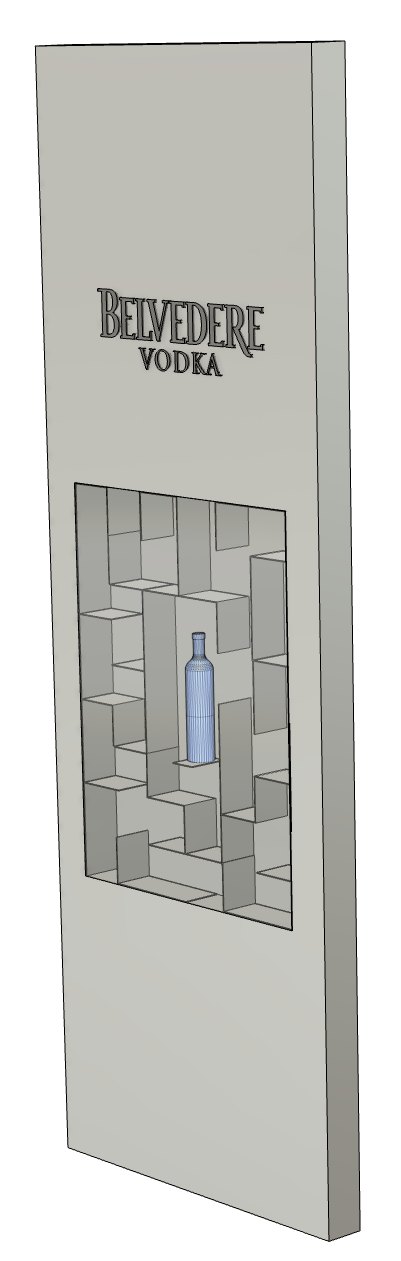 CAD model of a tall Belvedere bottle stand with a maze of shelves around a single bottle