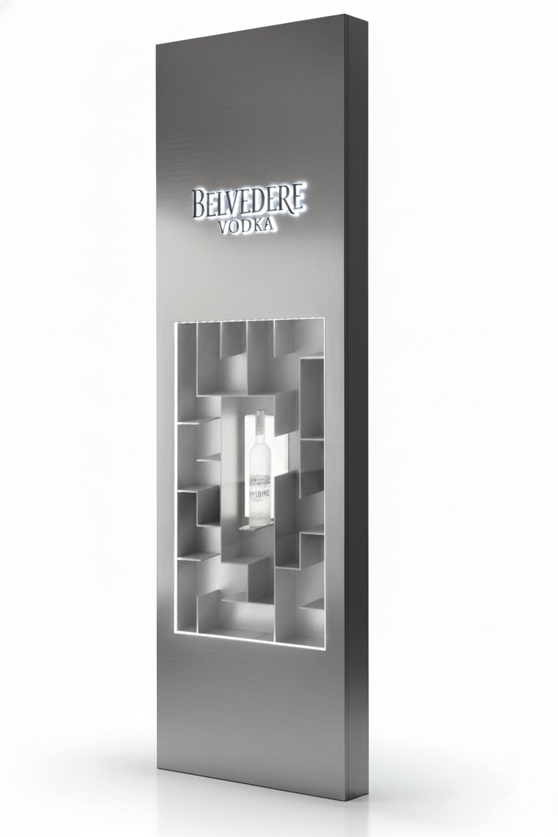 Render of the brushed-metal bottle stand: a lit maze of shelves framing one Belvedere bottle