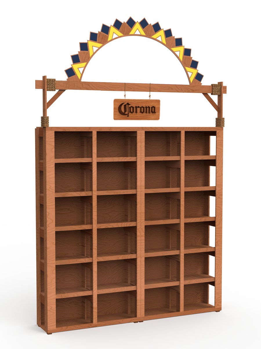 Render of a wooden Corona drinks display unit with a geometric sun arch and a hanging Corona sign