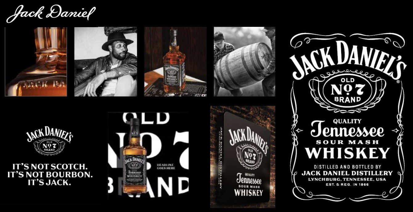 Jack Daniel's brand language board: the script signature, whiskey and barrel imagery, the No. 7 label and the line It's not Scotch. It's not Bourbon. It's Jack.