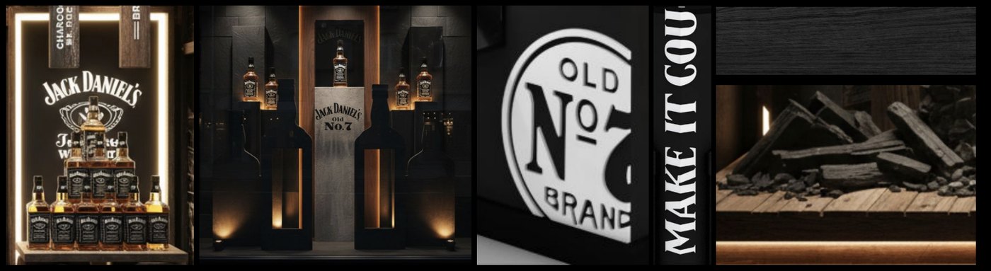 Jack Daniel's look and feel references: a lit bottle pyramid, dark stone and warm light, a bold Old No. 7 sign, charred wood