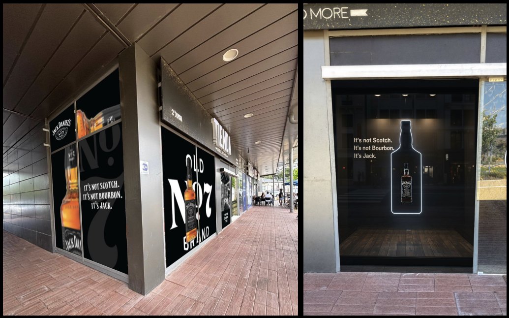 Visualization of concept A: the storefront wrapped in black No. 7 graphics, and a window with a lit outline of the bottle framing a single Jack Daniel's bottle