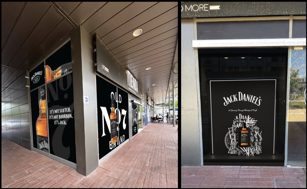 Visualization of concept B on the storefront, beside the No. 7 facade wrap