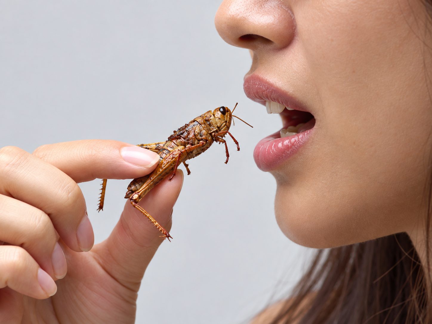 A person about to eat a roasted grasshopper held between two fingers