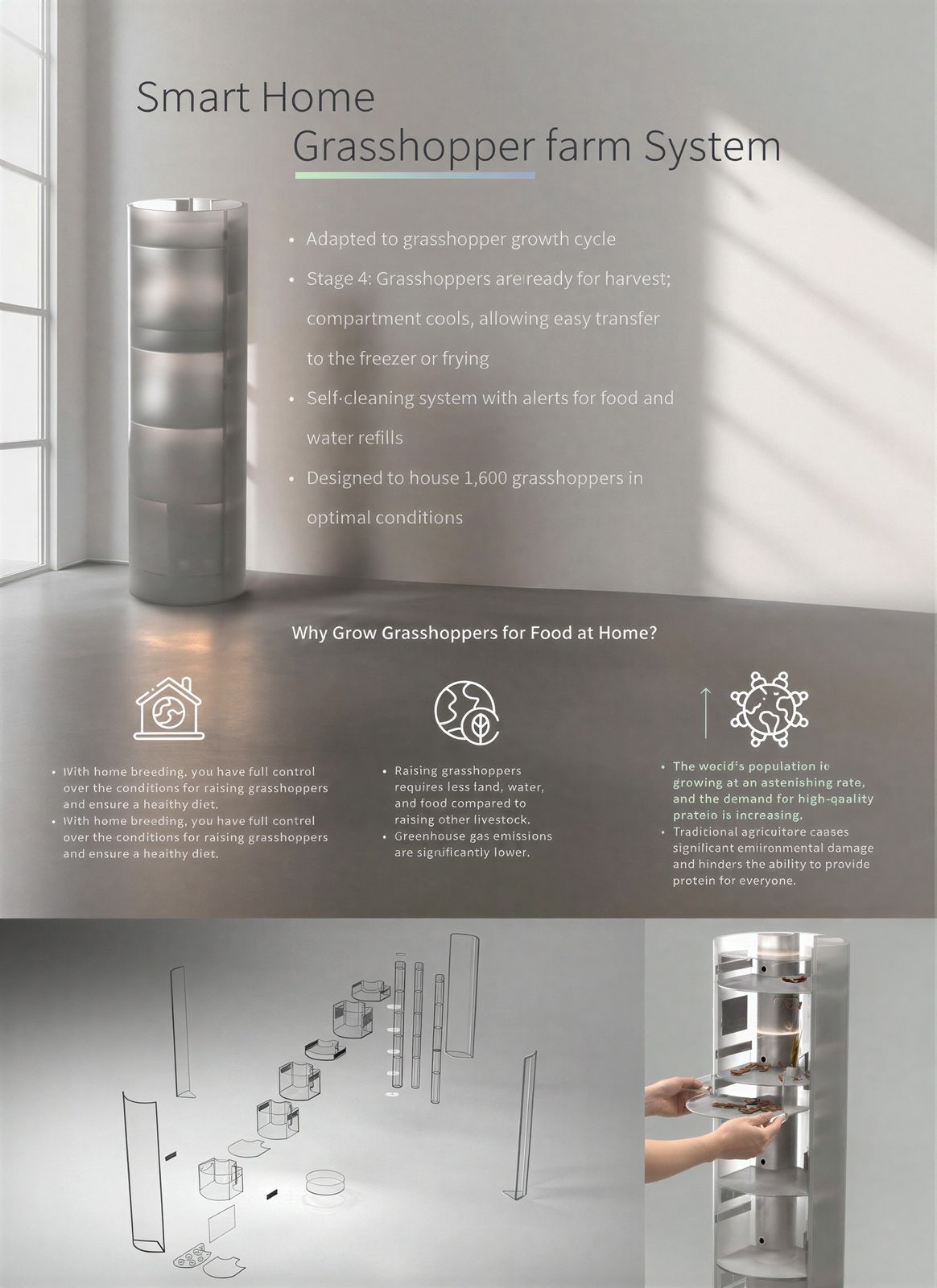 Presentation poster for the Smart-Home Grasshopper Farm System, with concept overview, exploded axonometric drawing, and use-case rationale