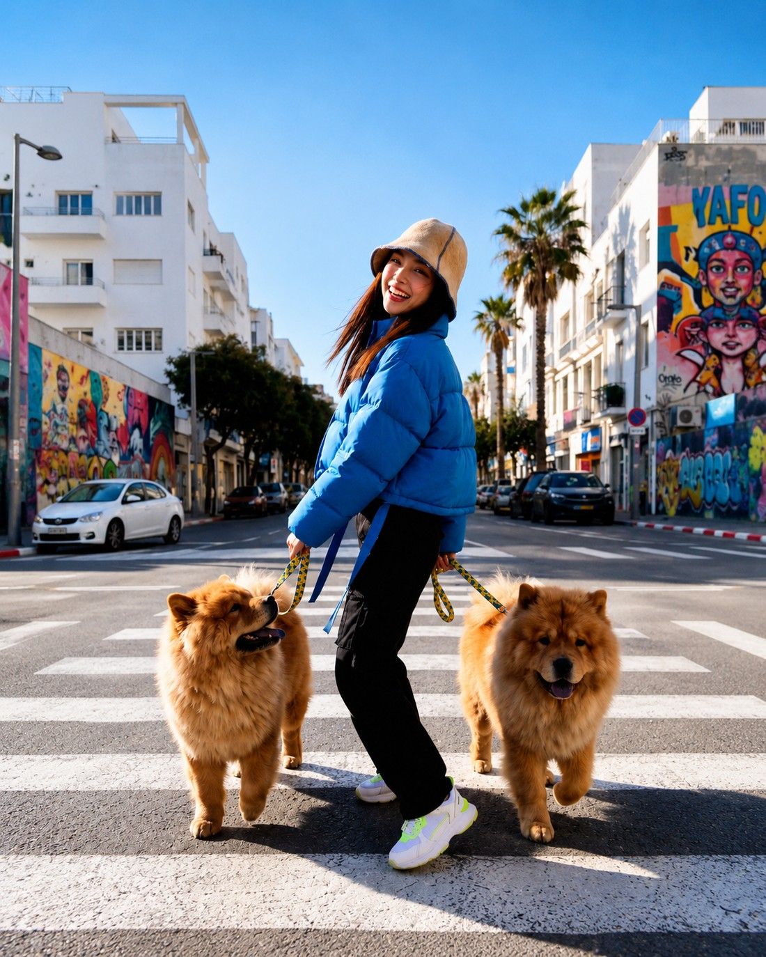 Open project: Bucket Hat Made from Shed Dog Fur, model walking two chow chows