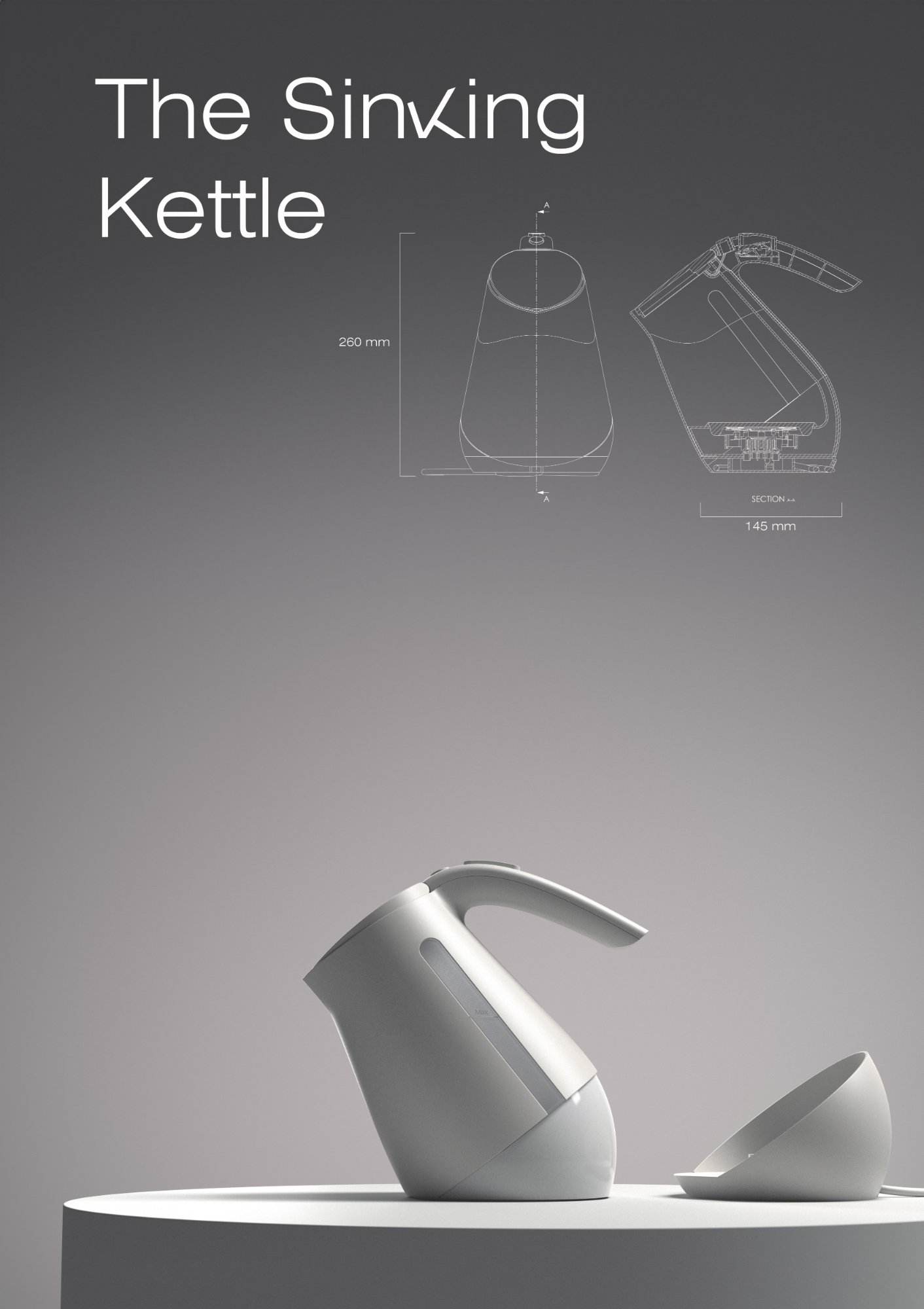 The Sinking Kettle poster: title, technical blueprint with dimensions, and final product render