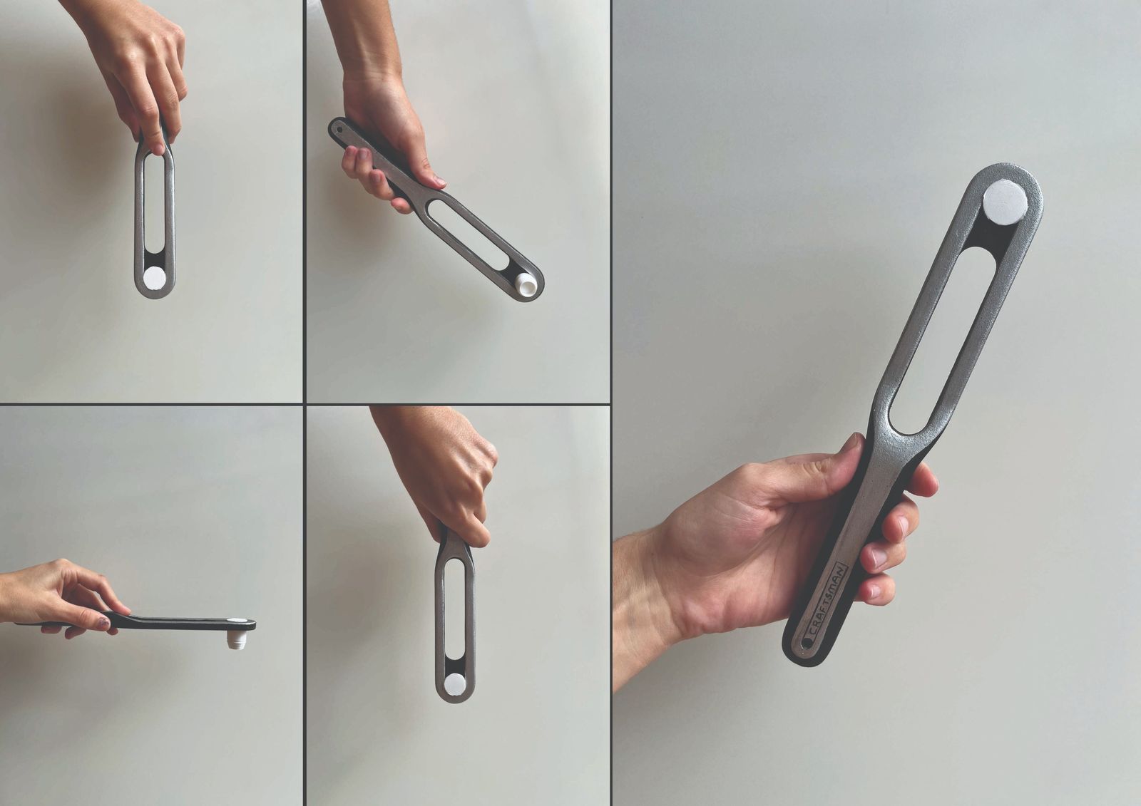 Five photos of the final model being held: from above, at an angle, from the side, hanging from the hand, and gripped