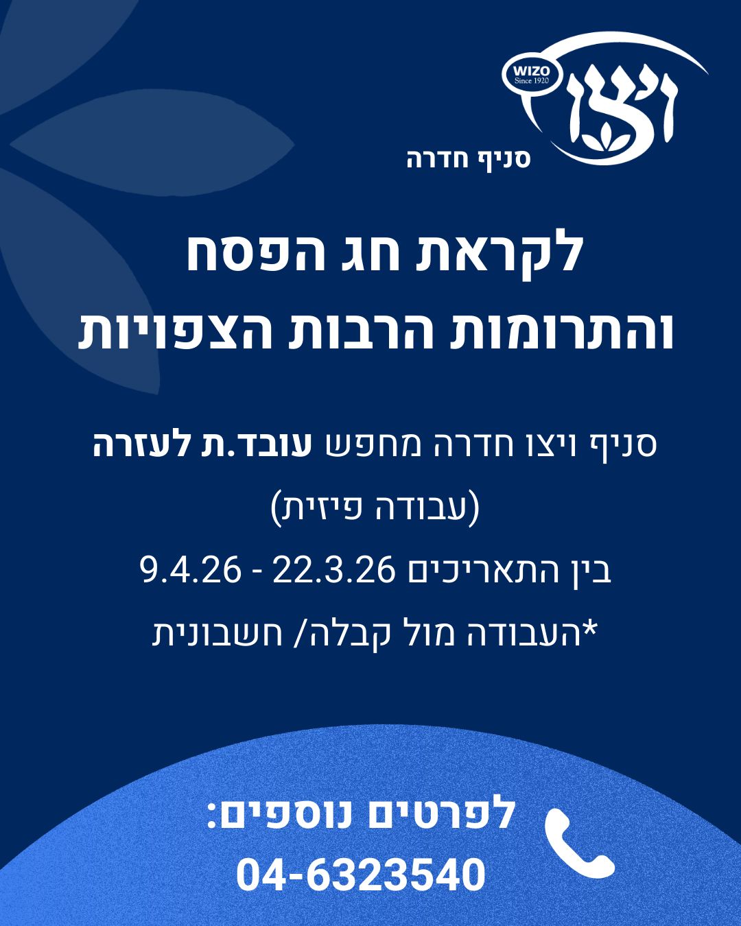 Passover charity flyer on navy blue with leaf and pomegranate graphics, calling for volunteers