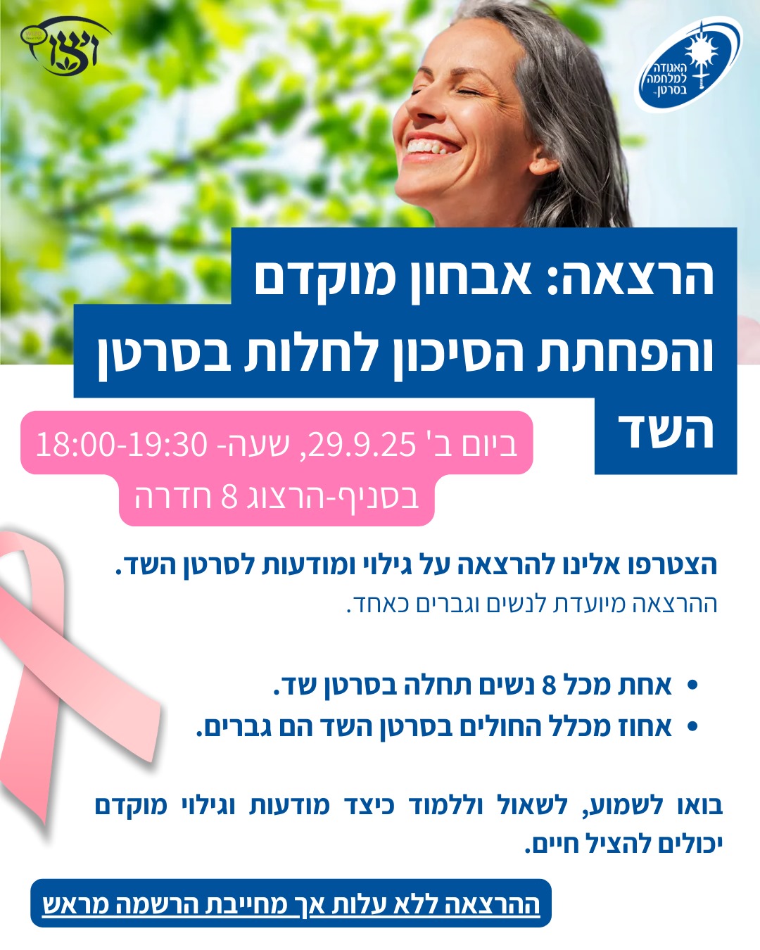 Breast cancer awareness lecture flyer with a portrait photo, a pink ribbon icon, and free registration details