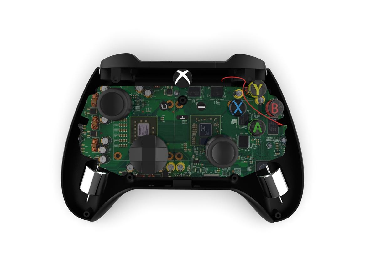 Interior view of the modeled controller shell with motherboard